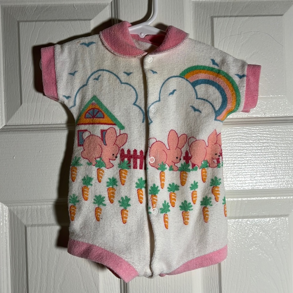 vintage terry cloth baby romper with bunnies and a rainbow